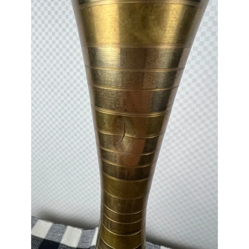 Vintage Etched Brass Floral Vase Tall Bud Vase Gold Tone Boho Decor 15